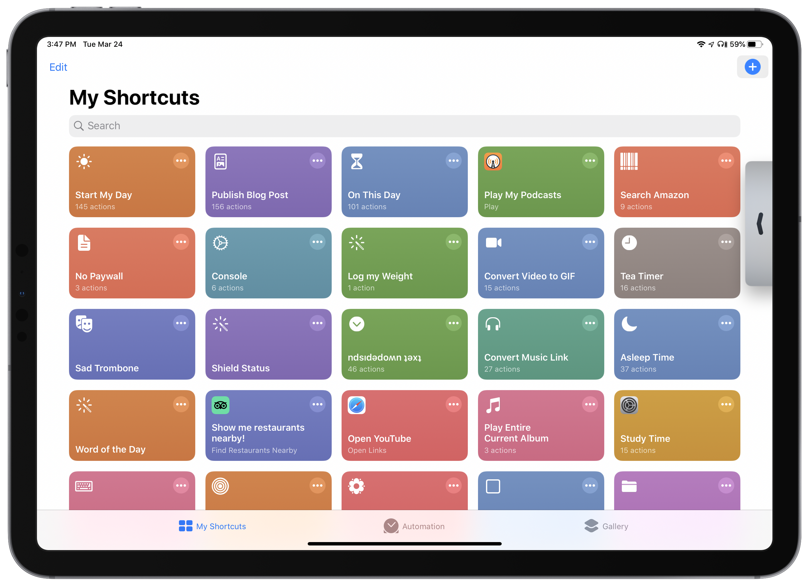 Shortcuts for iPadOS, with the pointer hovering over the shortcut creation button