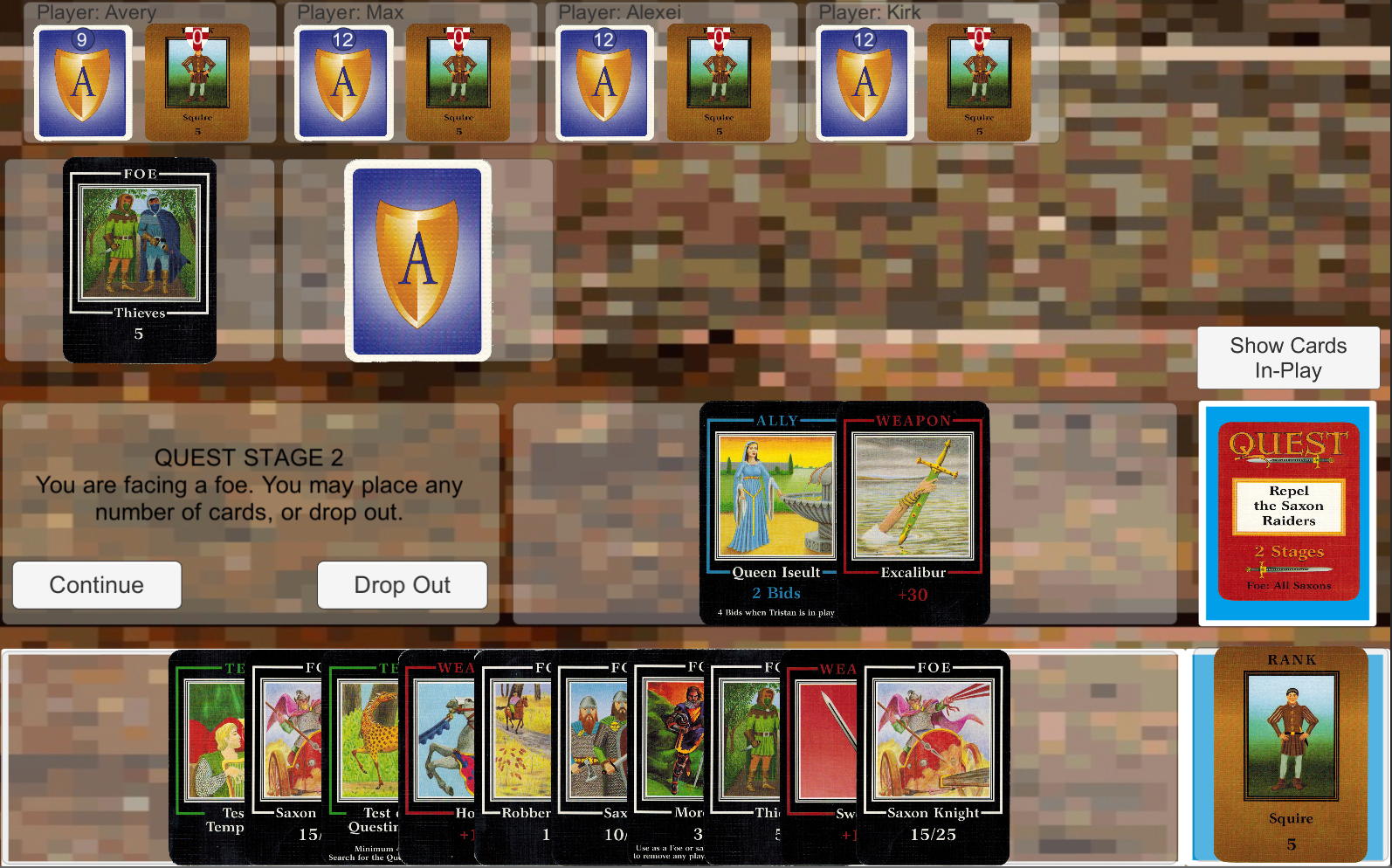 A digital representation of a board game. Cards shown on the board include those used in a quest, those in the player’s hand, a draw pile, and a discard pile.
